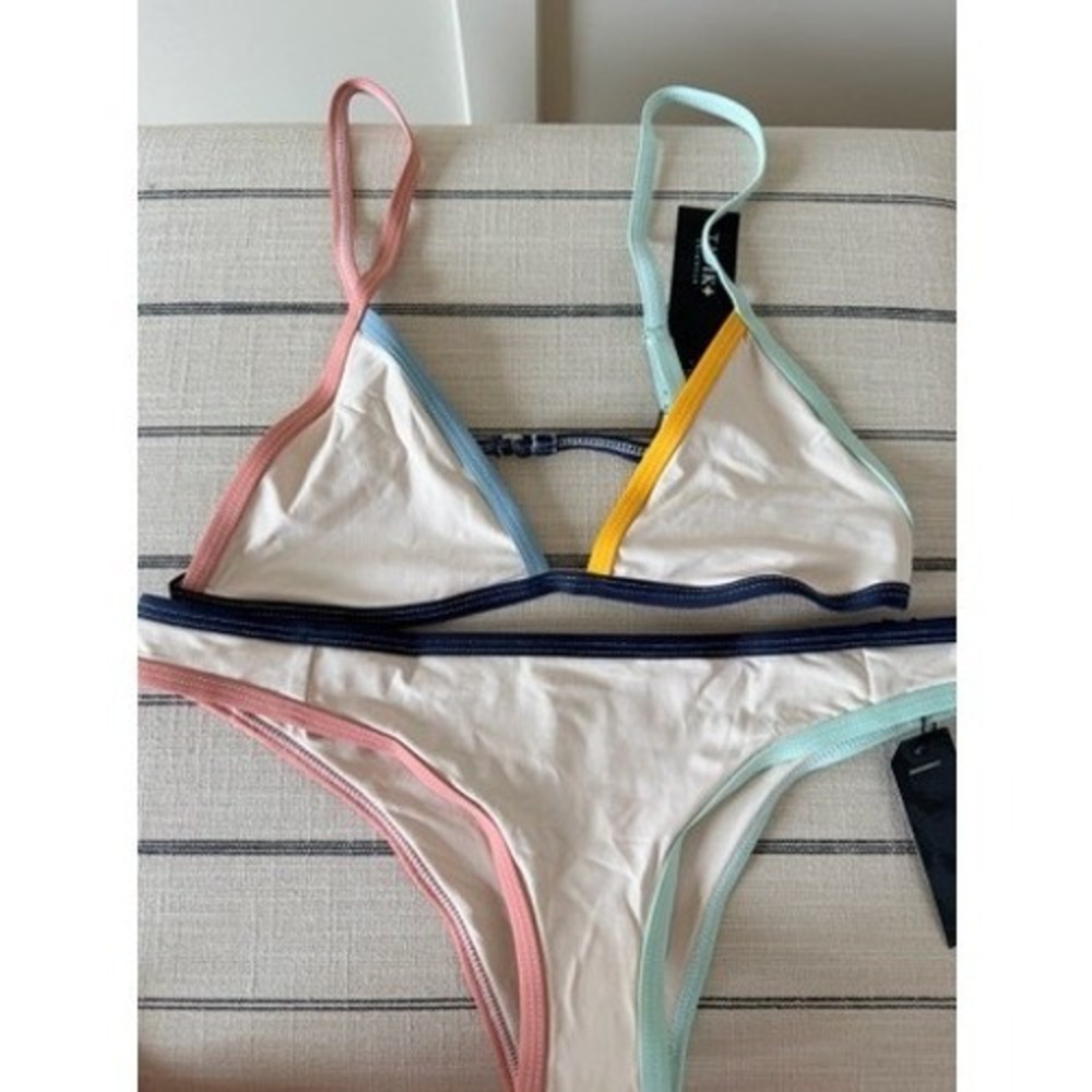 Tavik Swimwear Womens Colorblock Triangle Bikini Set Cream Pink Blue  L NEW